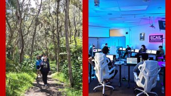 At left are students walking a trail in a rainforest. At right are students seated at computers in the SCAIL lab.